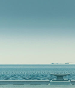 Christopher Pratt "Gaspe Passage" Color lithograph, 1981. Serene Canadian landscape art created by famous painter, Christopher Pratt. This print features a striking Quebec shoreline and showcases Pratt's captivating realist and minimalist aesthetic.