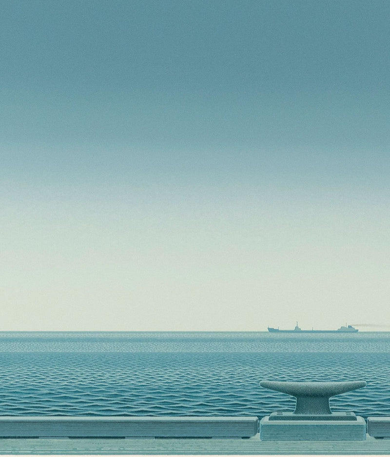 Christopher Pratt "Gaspe Passage" Color lithograph, 1981. Serene Canadian landscape art created by famous painter, Christopher Pratt. This print features a striking Quebec shoreline and showcases Pratt's captivating realist and minimalist aesthetic.