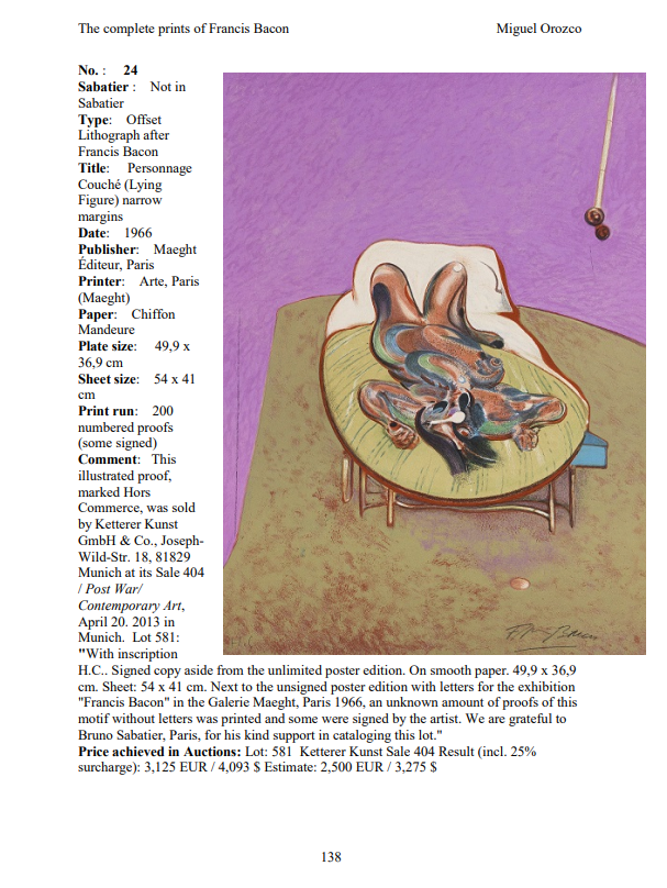 FRANCIS BACON "PERSONNAGE COUCHE" LITHOGRAPH, 1966
