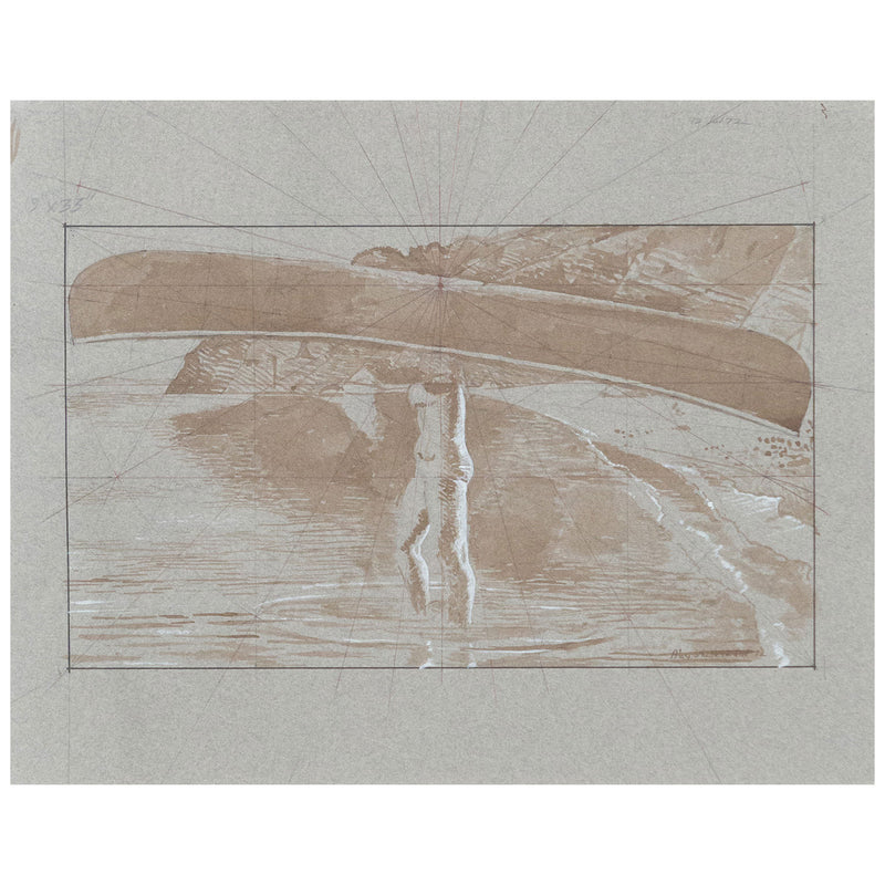 Alex Colville, "Study for Woman Carrying Canoe"   Canada, 1972  Pen, wash, and acrylic  Signed and dated bottom right  9.75"H 12.75"W (sheet)  23.25"H 24.5"W (framed)  Fischer Fine Art Ltd (London, UK) label verso  Very good condition.