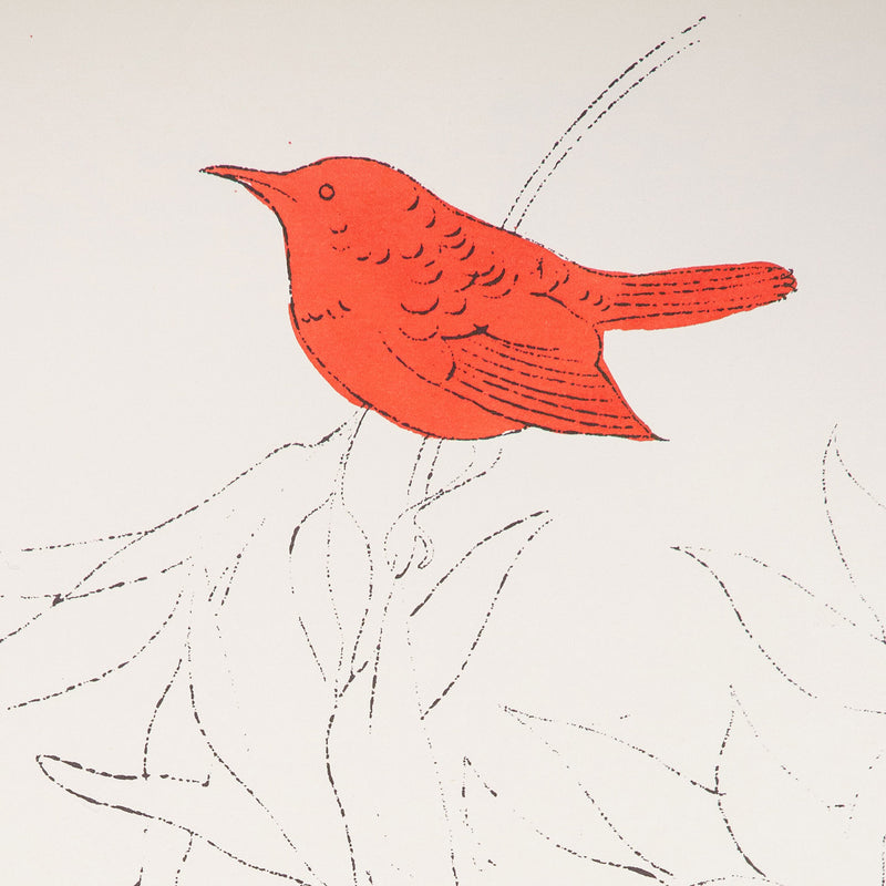 Andy Warhol artwork for sale, "Bird on a Fruit Branch" 1957.  “Bird on a Fruit Branch” is emblematic of Warhol’s work during the late 1950s when he established his reputation with delicate and whimsical drawings of clothes, accessories, and stylized beauties in a distinctively elegant but playful aesthetic. 