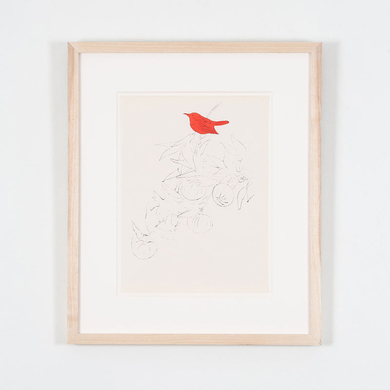 Andy Warhol artwork for sale, "Bird on a Fruit Branch" 1957.  “Bird on a Fruit Branch” is emblematic of Warhol’s work during the late 1950s when he established his reputation with delicate and whimsical drawings of clothes, accessories, and stylized beauties in a distinctively elegant but playful aesthetic. 