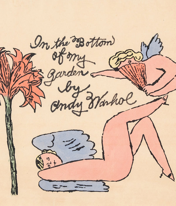 Andy Warhol art for sale "In the Bottom of my Garden" 1956. "In the Bottom of My Garden" is a delightful paradigm from this era. Serving as the cover for his book by the same name, Warhol lends his signature aesthetic to realize an ethereal wonderland of fairies, cherubs, and abundant florals.