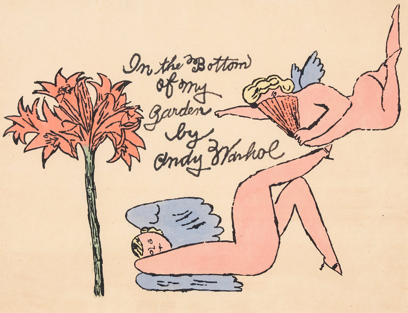 Andy Warhol art for sale "In the Bottom of my Garden" 1956. "In the Bottom of My Garden" is a delightful paradigm from this era. Serving as the cover for his book by the same name, Warhol lends his signature aesthetic to realize an ethereal wonderland of fairies, cherubs, and abundant florals.