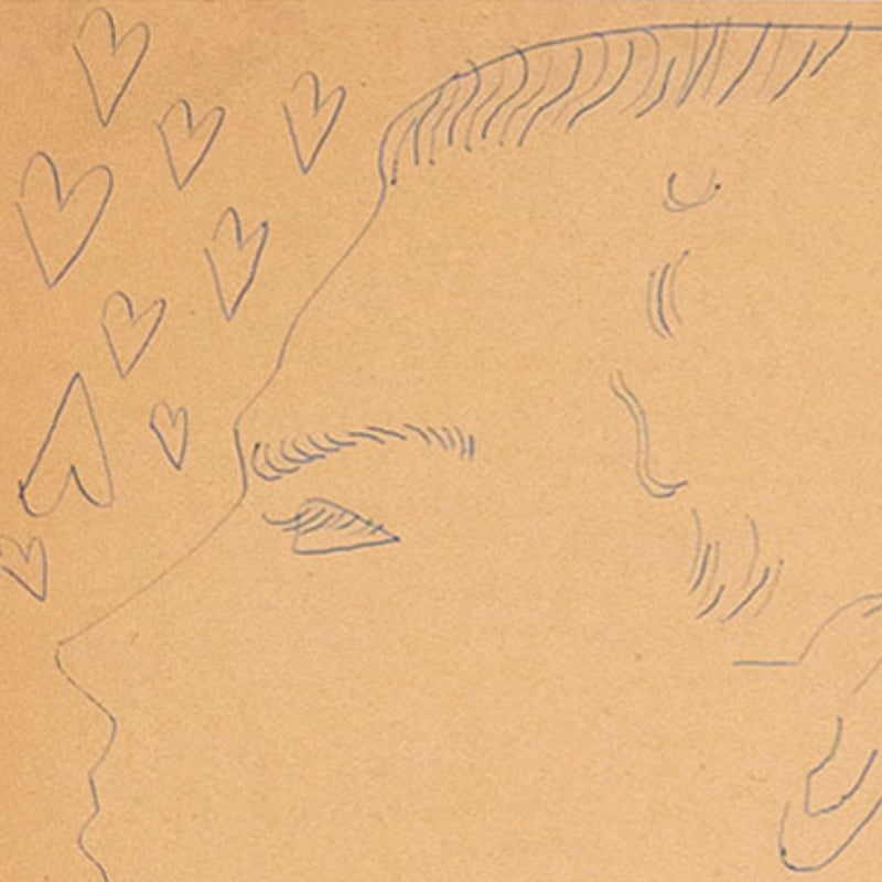 Andy Warhol original artwork unique drawing available to buy, Untitled "Lover Boy"  USA, Circa 1955  Blue ballpoint pen on manila paper  Stamped on verso by the Estate of Andy Warhol and the Andy Warhol Art Authentication Board, Inc. and numbered 200.302  16"H 11.5"W (work, visible)  23"H 18"W (framed)  Framed with museum glass  Very good condition.  Provenance: The Estate of Andy Warhol