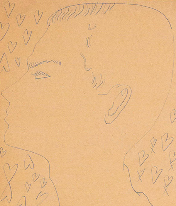 Andy Warhol original artwork unique drawing available to buy, Untitled "Lover Boy"  USA, Circa 1955  Blue ballpoint pen on manila paper  Stamped on verso by the Estate of Andy Warhol and the Andy Warhol Art Authentication Board, Inc. and numbered 200.302  16"H 11.5"W (work, visible)  23"H 18"W (framed)  Framed with museum glass  Very good condition.  Provenance: The Estate of Andy Warhol