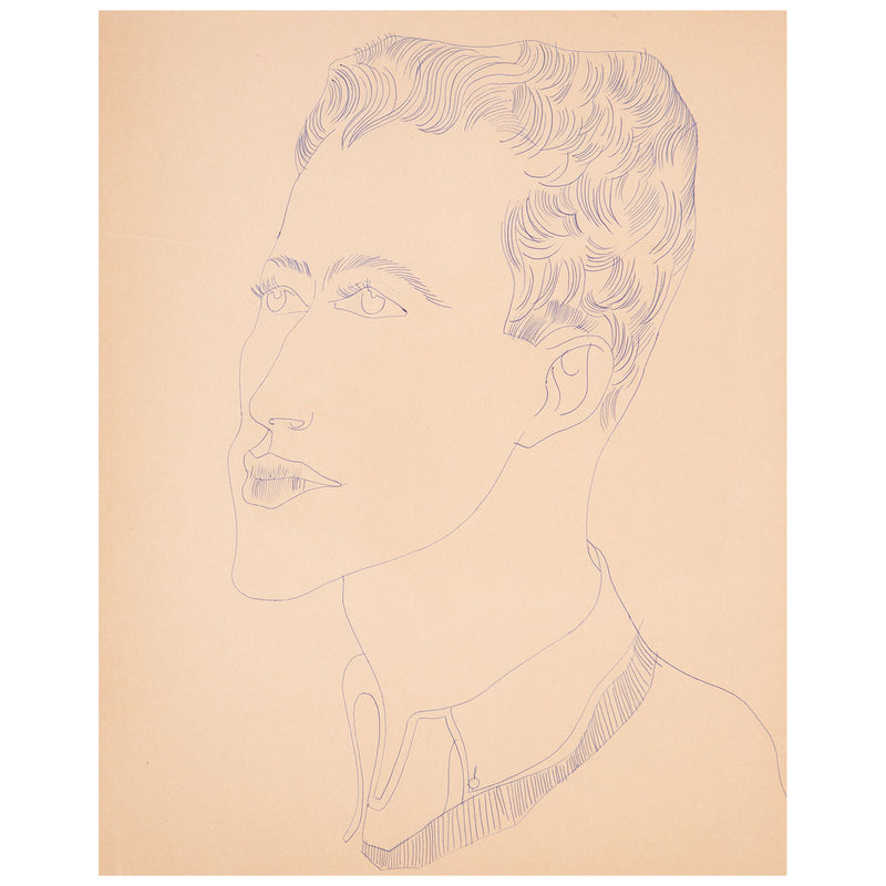 Andy Warhol original art for art collectors, available for sale,, American Art, Untitled "Portrait of a Young Man (Carlo)"  USA, Circa 1950  Blue ballpoint pen on manila paper  Stamped on verso by the Estate of Andy Warhol and the Andy Warhol Art Authentication Board, Inc. and numbered TOP200.111  16.25"H 13.75"W (work)  Very good condition.  Provenance: The Estate of Andy Warhol