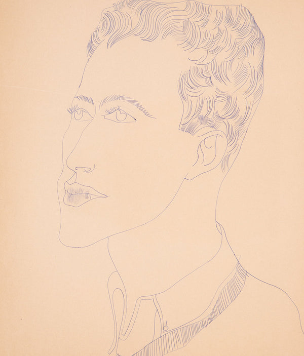 Andy Warhol original art for art collectors, available for sale,, American Art, Untitled "Portrait of a Young Man (Carlo)"  USA, Circa 1950  Blue ballpoint pen on manila paper  Stamped on verso by the Estate of Andy Warhol and the Andy Warhol Art Authentication Board, Inc. and numbered TOP200.111  16.25"H 13.75"W (work)  Very good condition.  Provenance: The Estate of Andy Warhol