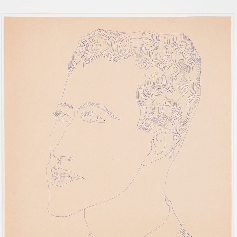Andy Warhol original art for art collectors, available for sale,, American Art, Untitled "Portrait of a Young Man (Carlo)" USA, Circa 1950 Blue ballpoint pen on manila paper Stamped on verso by the Estate of Andy Warhol and the Andy Warhol Art Authentication Board, Inc. and numbered TOP200.111 16.25"H 13.75"W (work) Very good condition. Provenance: The Estate of Andy Warhol