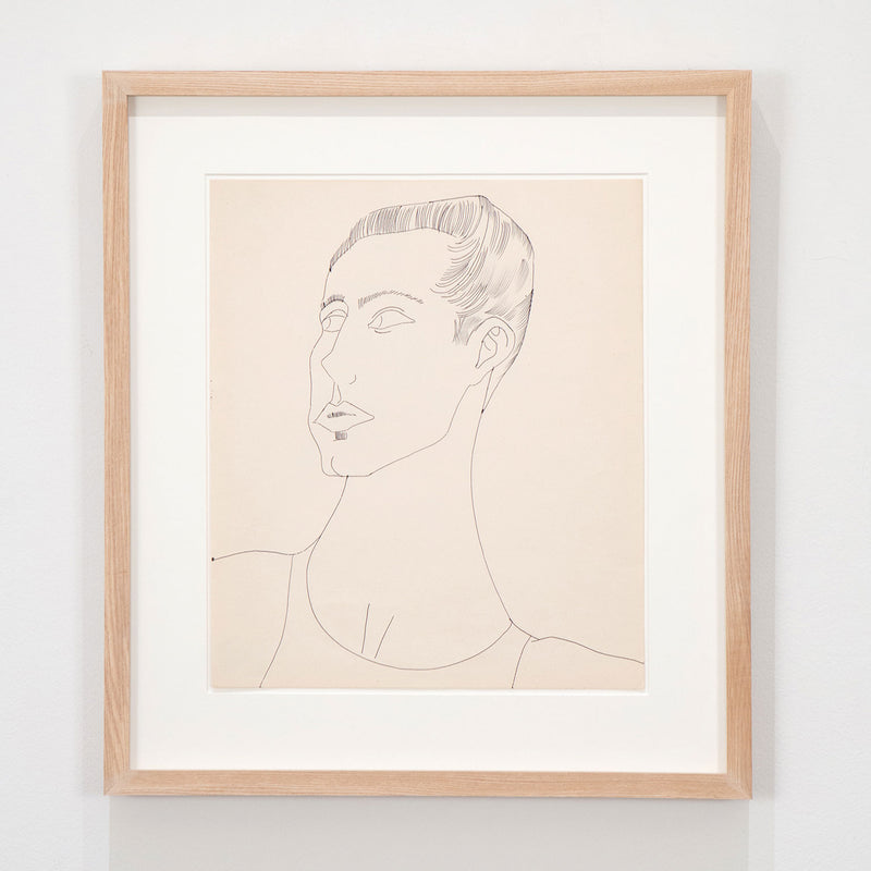 Andy Warhol original art for sale, American Art, Untitled "Portrait of a Young Man (JT)" USA, Circa 1950s Blue ballpoint pen on manila paper Stamped on verso by the Estate of Andy Warhol and the Andy Warhol Art Authentication Board, Inc. and numbered 200.302 16.25"H 13.75"W (work) 23.25"H 20.5"W (framed) Framed with museum glass Very good condition. Provenance: The Estate of Andy Warhol