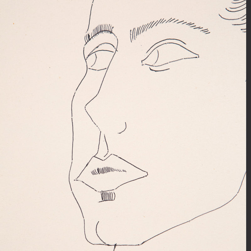 Andy Warhol original art for sale, American Art, Untitled "Portrait of a Young Man (JT)" USA, Circa 1950s Blue ballpoint pen on manila paper Stamped on verso by the Estate of Andy Warhol and the Andy Warhol Art Authentication Board, Inc. and numbered 200.302 16.25"H 13.75"W (work) 23.25"H 20.5"W (framed) Framed with museum glass Very good condition. Provenance: The Estate of Andy Warhol