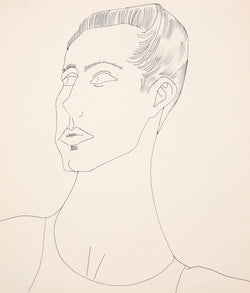 Andy Warhol original art for sale, American Art, Untitled "Portrait of a Young Man (JT)"  USA, Circa 1950s  Blue ballpoint pen on manila paper  Stamped on verso by the Estate of Andy Warhol and the Andy Warhol Art Authentication Board, Inc. and numbered 200.302  16.25"H 13.75"W (work)  23.25"H 20.5"W (framed)  Framed with museum glass  Very good condition.  Provenance: The Estate of Andy Warhol