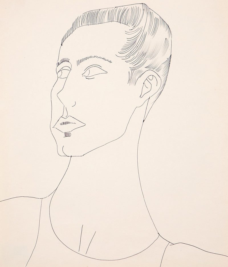 Andy Warhol original art for sale, American Art, Untitled "Portrait of a Young Man (JT)"  USA, Circa 1950s  Blue ballpoint pen on manila paper  Stamped on verso by the Estate of Andy Warhol and the Andy Warhol Art Authentication Board, Inc. and numbered 200.302  16.25"H 13.75"W (work)  23.25"H 20.5"W (framed)  Framed with museum glass  Very good condition.  Provenance: The Estate of Andy Warhol