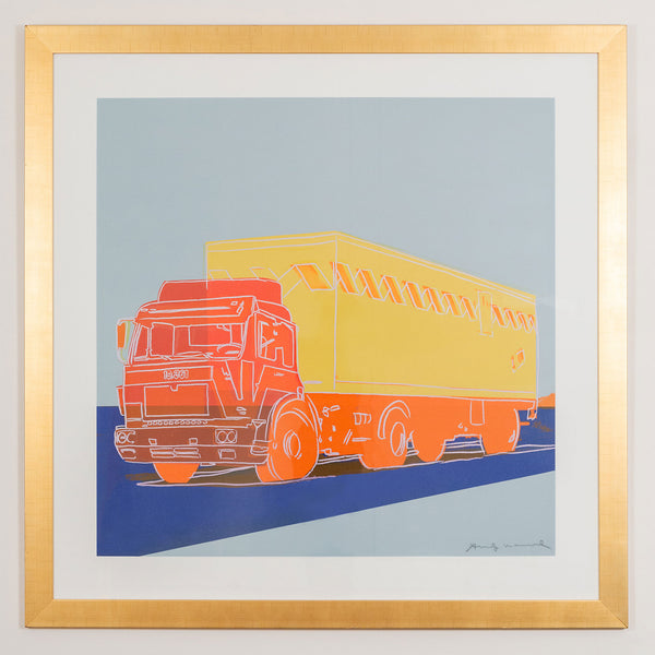 Andy Warhol artwork for sale "Truck" Screenprint, 1985. While a cargo truck may seem an unlikely subject for the legendary Pop artist, its symbol represents the impetus of industrialization. Set on a powder blue background, the truck is ignited by florescent shades of tangerine, grapefruit, and canary yellow as it launches down a cobalt highway. 