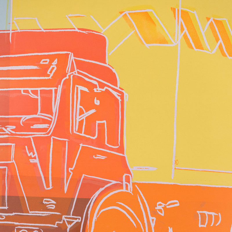 Andy Warhol artwork for sale "Truck" Screenprint, 1985. While a cargo truck may seem an unlikely subject for the legendary Pop artist, its symbol represents the impetus of industrialization. Set on a powder blue background, the truck is ignited by florescent shades of tangerine, grapefruit, and canary yellow as it launches down a cobalt highway. 