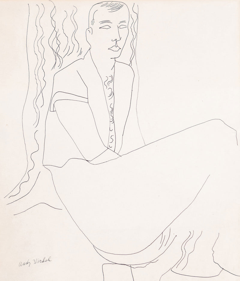Andy Warhol artwork for sale, Untitled "Seated Gentleman"   USA, circa 1950s  Black ballpoint pen on manila paper  Signed by artist, bottom left  Stamped on verso by the Estate of Andy Warhol and the Andy Warhol Art Authentication Board, Inc. and numbered on the reverse.  16.5"H 13.75"W (work)   Very good condition.  Provenance: The Estate of Andy Warhol