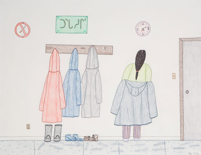 Annie Pootoogook "Woman Removing Coat"  Drawing, 2002. Canadian woman artist, Inuit artist.