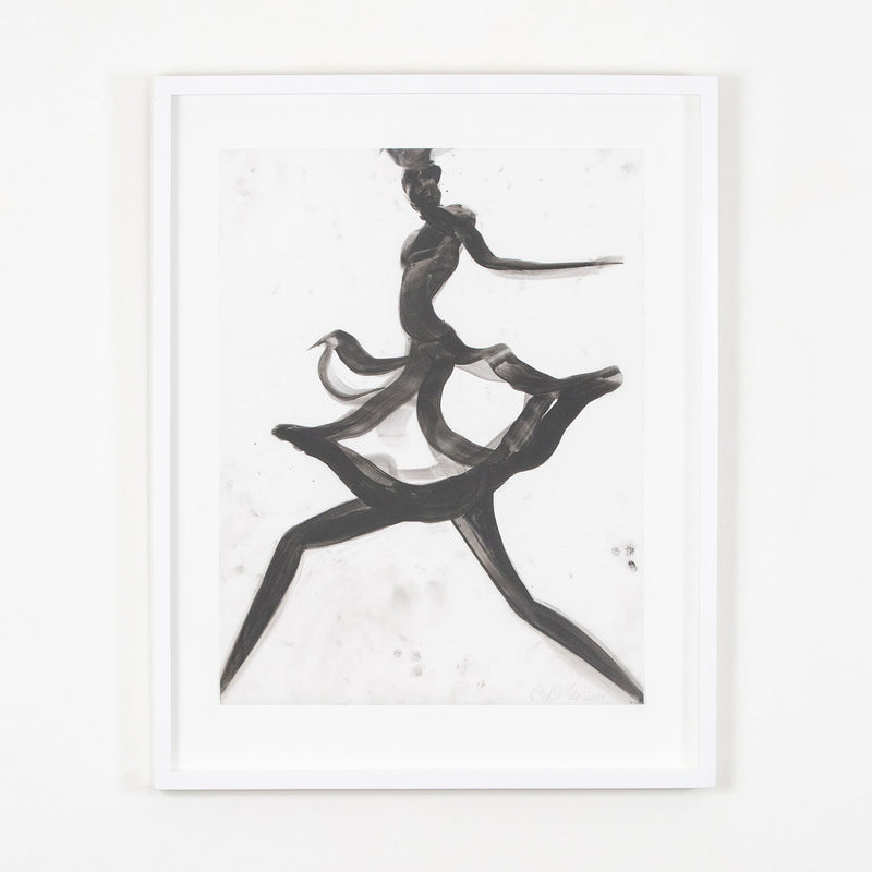 Cathy Daley "Dancer X" Oil pastel on vellum, 2018. This work is a paradigm of Daley’s practice, however, it pushes further into abstraction as the figure is almost entirely stylized. The artist emphasizes elongated limbs and the crisscrossing of lines that compose her subject rather than human proportions. 