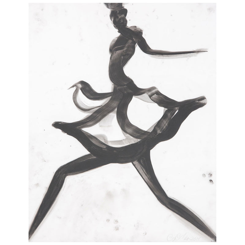 Cathy Daley "Dancer X" Oil pastel on vellum, 2018. This work is a paradigm of Daley’s practice, however, it pushes further into abstraction as the figure is almost entirely stylized. The artist emphasizes elongated limbs and the crisscrossing of lines that compose her subject rather than human proportions. 