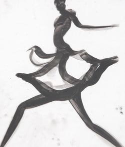 Cathy Daley "Dancer X" Oil pastel on vellum, 2018. This work is a paradigm of Daley’s practice, however, it pushes further into abstraction as the figure is almost entirely stylized. The artist emphasizes elongated limbs and the crisscrossing of lines that compose her subject rather than human proportions. 
