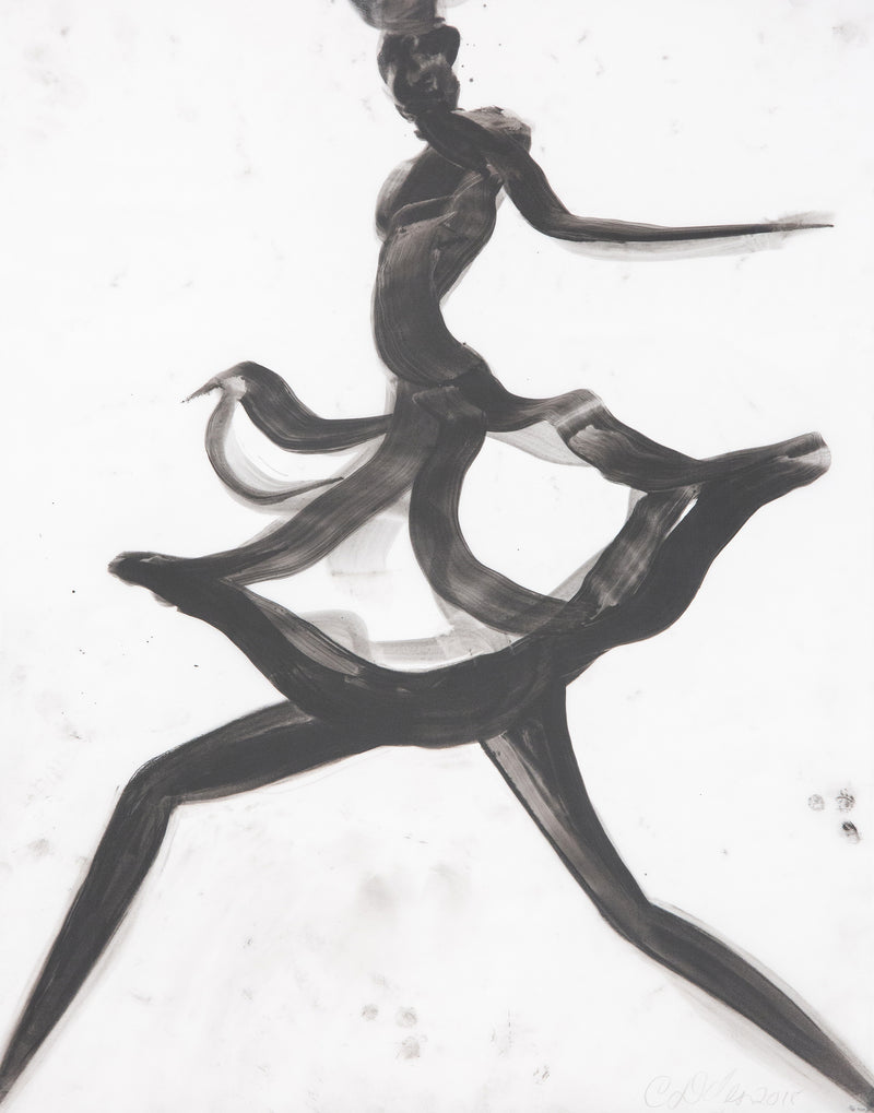 Cathy Daley "Dancer X" Oil pastel on vellum, 2018. This work is a paradigm of Daley’s practice, however, it pushes further into abstraction as the figure is almost entirely stylized. The artist emphasizes elongated limbs and the crisscrossing of lines that compose her subject rather than human proportions. 