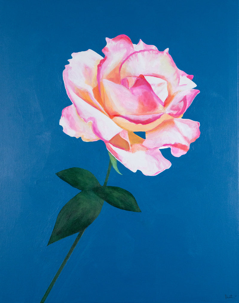 Charles Pachter "August Rose" Acrylic on canvas, 2021. This fragrant painting features a delicate pink rose, its petals turned outward on full display. Following Pachter's typical graphic style, the background is a crisp sky blue, further emphasizing the delicate nature of the flower.