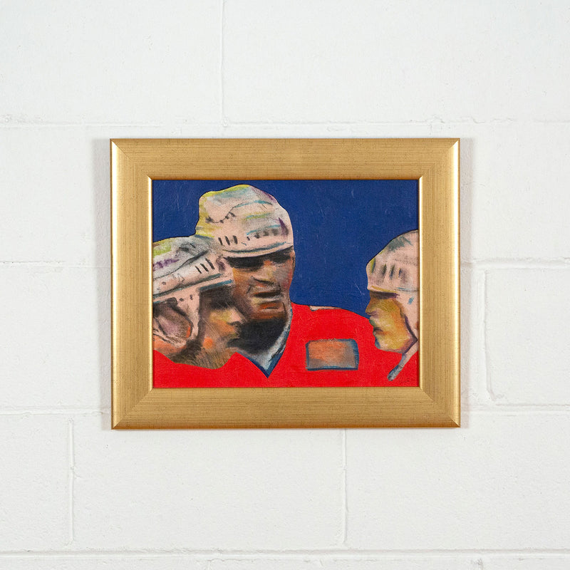 Charles Pachter, Hockey Knights, painting, 1986 Caviar20, framed and displayed on white brick wall
