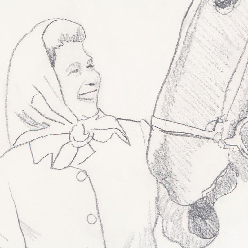 Charles Pachter, Canadian Art, "Queen on Moose"  Canada, 1976  Pencil on paper  Signed and dated by the artist  23.25"H 12.5"W (work)  Very good condition.