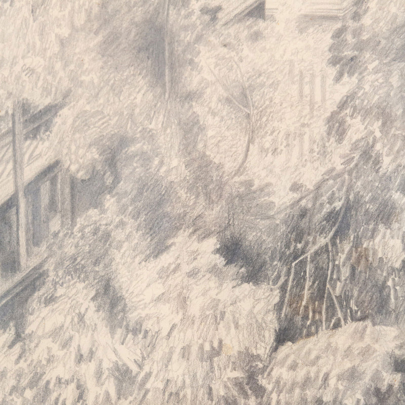 Christiane Pflug, "From Carol's Window," Canada, 1962, Pencil on paper, Signed and dated by the artist, 9.5"H 12.5"W (work)  20"H 21.75"W (framed), Very good condition