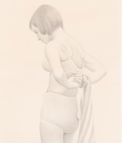 Christopher Pratt, "Girl with Striped Towel,"  Canada, 1972,  Graphite on paper,  Signed, dated, and titled by the artist.  20.75"H 10"W (visible)  28.5"H 17.25"W (framed) , Very good condition. 