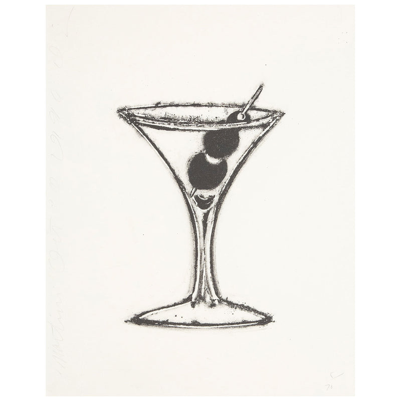 Donald Sultan "Martini" Lithograph, 1996. "Martini" is a chic example of Sultan's pared-down aesthetic. Featuring a perfect martini glass, Sultan accentuates its triangular brim by juxtaposing it with three plump olives that rest in the center of the cocktail. 