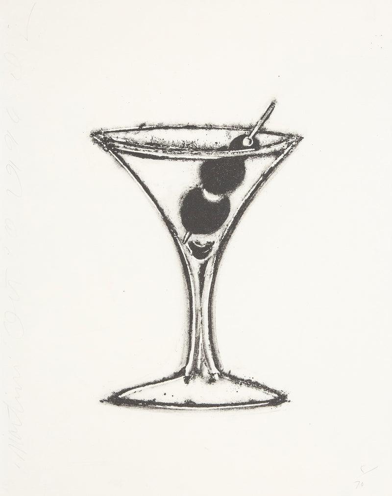 Donald Sultan "Martini" Lithograph, 1996. "Martini" is a chic example of Sultan's pared-down aesthetic. Featuring a perfect martini glass, Sultan accentuates its triangular brim by juxtaposing it with three plump olives that rest in the center of the cocktail. 