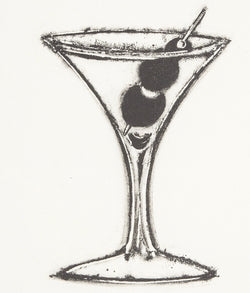 Donald Sultan "Martini" Lithograph, 1996. "Martini" is a chic example of Sultan's pared-down aesthetic. Featuring a perfect martini glass, Sultan accentuates its triangular brim by juxtaposing it with three plump olives that rest in the center of the cocktail. 