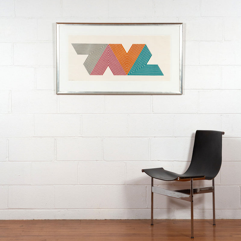 Frank Stella, Empress of India II, Lithograph, 1968, Caviar20 prints, Frank Stella prints, whole work framed and displayed on white brick wall next to modernist chair