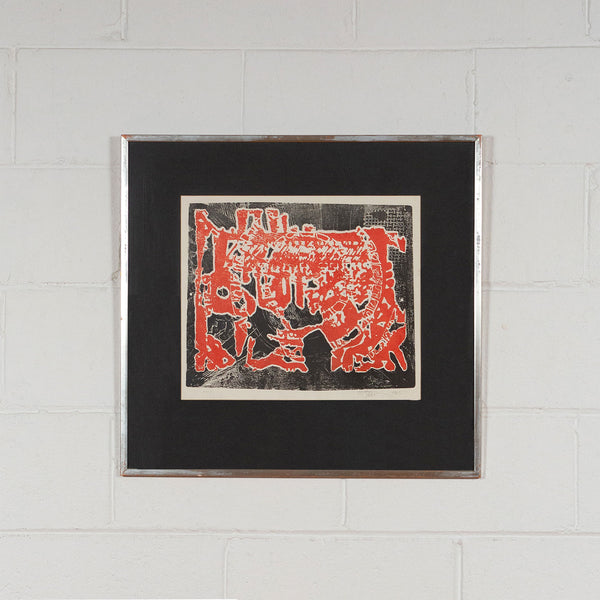 Harold Town, Day of the Dragon, Monotype, 1965, Caviar20, Canadian Artist, displayed framed and hung on white brick wall