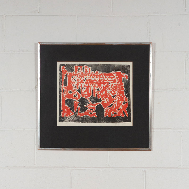 Harold Town, Day of the Dragon, Monotype, 1965, Caviar20, Canadian Artist, displayed framed and hung on white brick wall