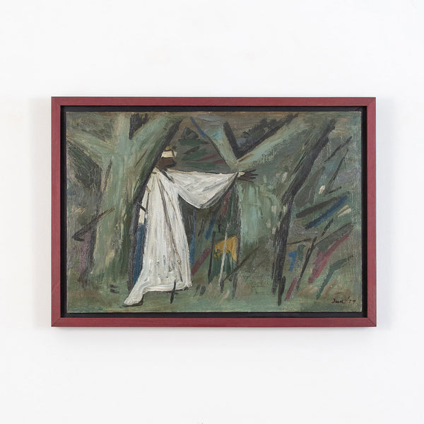 Original Jack Bush art for sale, Canadian Art, "The Searcher"  Canada, 1952  Oil on masonite  Signed and dated by artist, bottom right  17.25"H 25"W (work)  Framed  Very good condition  Provenance: Estate of Jack Bush