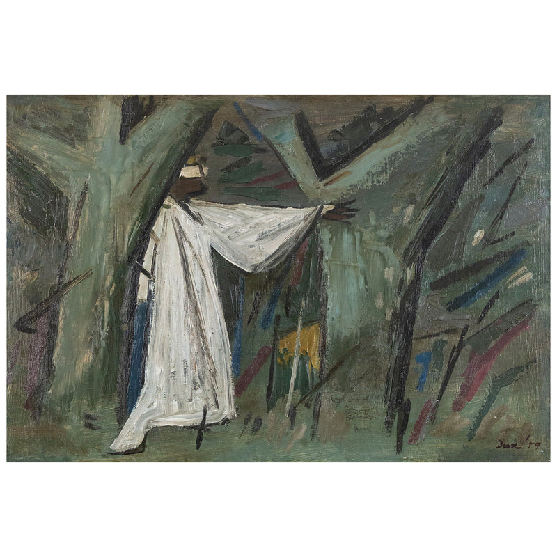 Original Jack Bush art for sale, Canadian Art, "The Searcher"  Canada, 1952  Oil on masonite  Signed and dated by artist, bottom right  17.25"H 25"W (work)  Framed  Very good condition  Provenance: Estate of Jack Bush