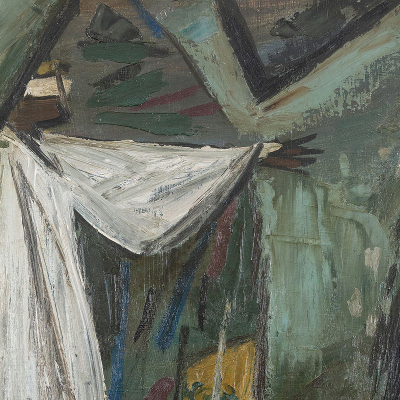 Original Jack Bush art for sale, Canadian Art, "The Searcher"  Canada, 1952  Oil on masonite  Signed and dated by artist, bottom right  17.25"H 25"W (work)  Framed  Very good condition  Provenance: Estate of Jack Bush