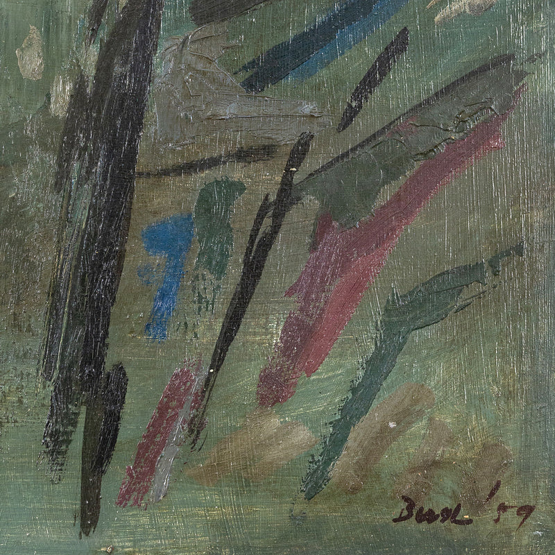 Original Jack Bush art for sale, Canadian Art, "The Searcher"  Canada, 1952  Oil on masonite  Signed and dated by artist, bottom right  17.25"H 25"W (work)  Framed  Very good condition  Provenance: Estate of Jack Bush