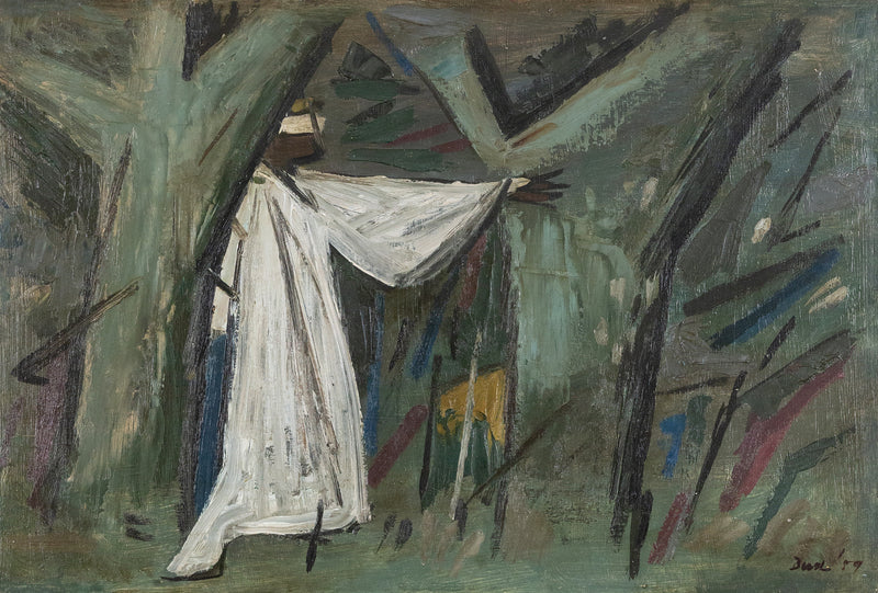 Original Jack Bush art for sale, Canadian Art, "The Searcher"  Canada, 1952  Oil on masonite  Signed and dated by artist, bottom right  17.25"H 25"W (work)  Framed  Very good condition  Provenance: Estate of Jack Bush