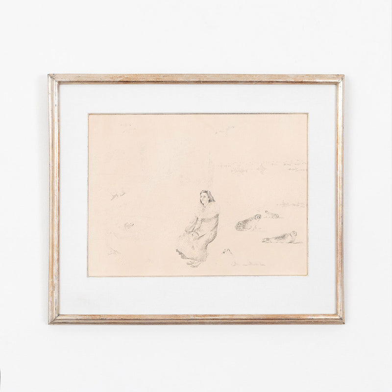 Jack Chambrs, Canadian Art, "Olga at the South Pole"   Canada, 1965  Ink on paper  12"H 17.5"W (work)  18.75"H 23.75"W (framed)  Very good condition.