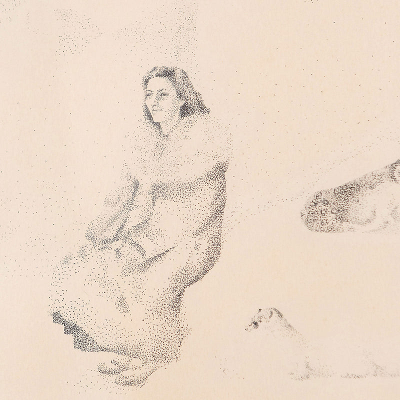 Jack Chambrs, Canadian Art, "Olga at the South Pole"   Canada, 1965  Ink on paper  12"H 17.5"W (work)  18.75"H 23.75"W (framed)  Very good condition.