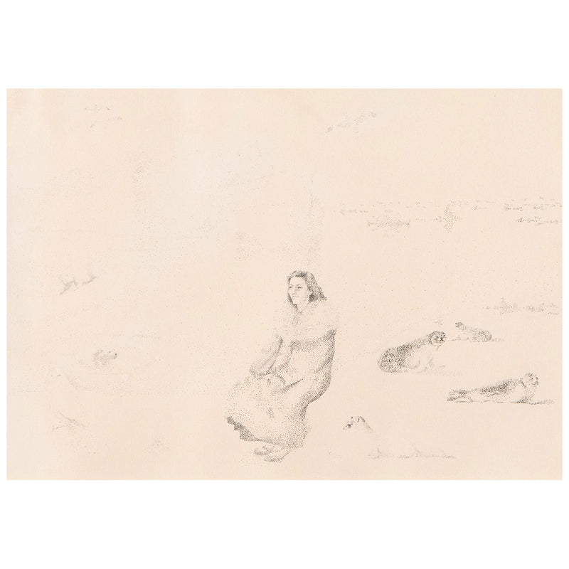 Jack Chambrs, Canadian Art, "Olga at the South Pole"   Canada, 1965  Ink on paper  12"H 17.5"W (work)  18.75"H 23.75"W (framed)  Very good condition.