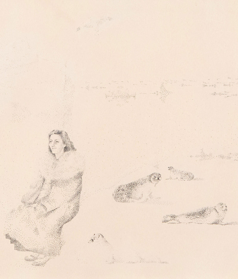 Jack Chambrs, Canadian Art, "Olga at the South Pole"   Canada, 1965  Ink on paper  12"H 17.5"W (work)  18.75"H 23.75"W (framed)  Very good condition.