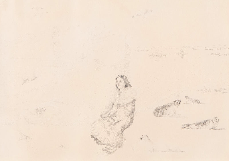 Jack Chambrs, Canadian Art, "Olga at the South Pole"   Canada, 1965  Ink on paper  12"H 17.5"W (work)  18.75"H 23.75"W (framed)  Very good condition.