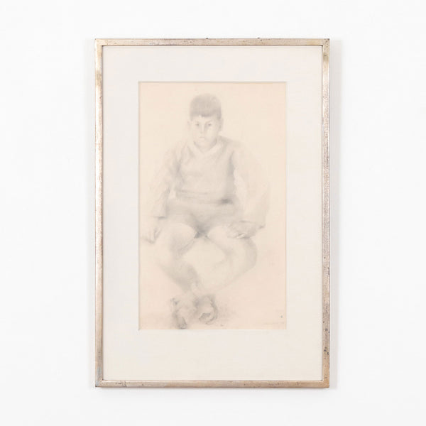 Jack Chambers, Canadian Art, "Study of a Young Boy in Sweater"   Spain, 1958  Graphite on paper  Signed and dated by artist  19"H 11.5"W (work)  26.75"H 18.25"W (framed)  Very good condition.