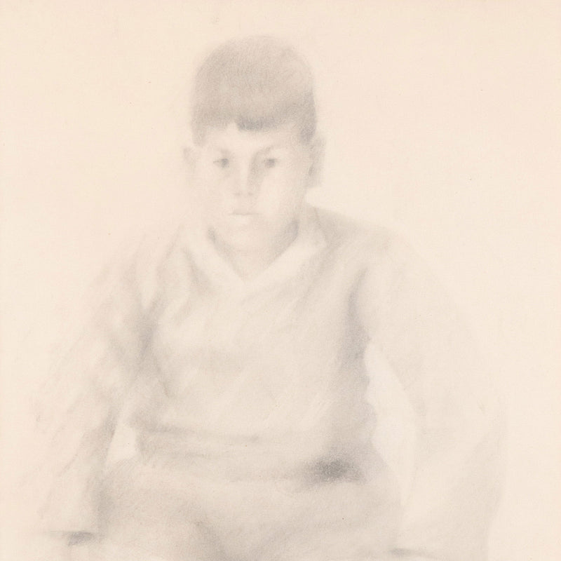 Jack Chambers, Canadian Art, "Study of a Young Boy in Sweater"   Spain, 1958  Graphite on paper  Signed and dated by artist  19"H 11.5"W (work)  26.75"H 18.25"W (framed)  Very good condition.