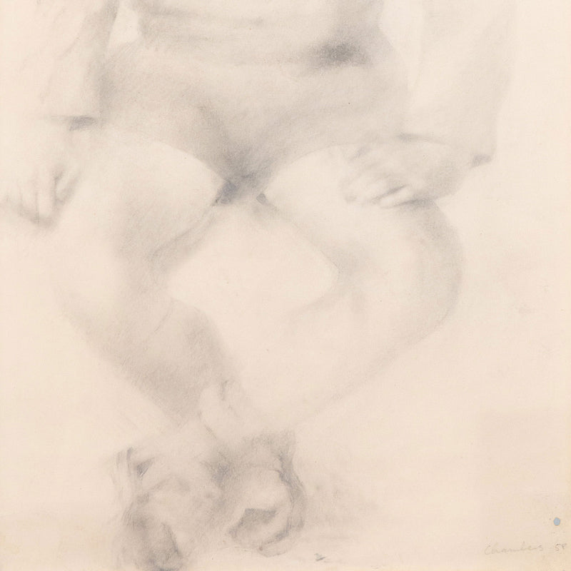 Jack Chambers, Canadian Art, "Study of a Young Boy in Sweater"   Spain, 1958  Graphite on paper  Signed and dated by artist  19"H 11.5"W (work)  26.75"H 18.25"W (framed)  Very good condition.