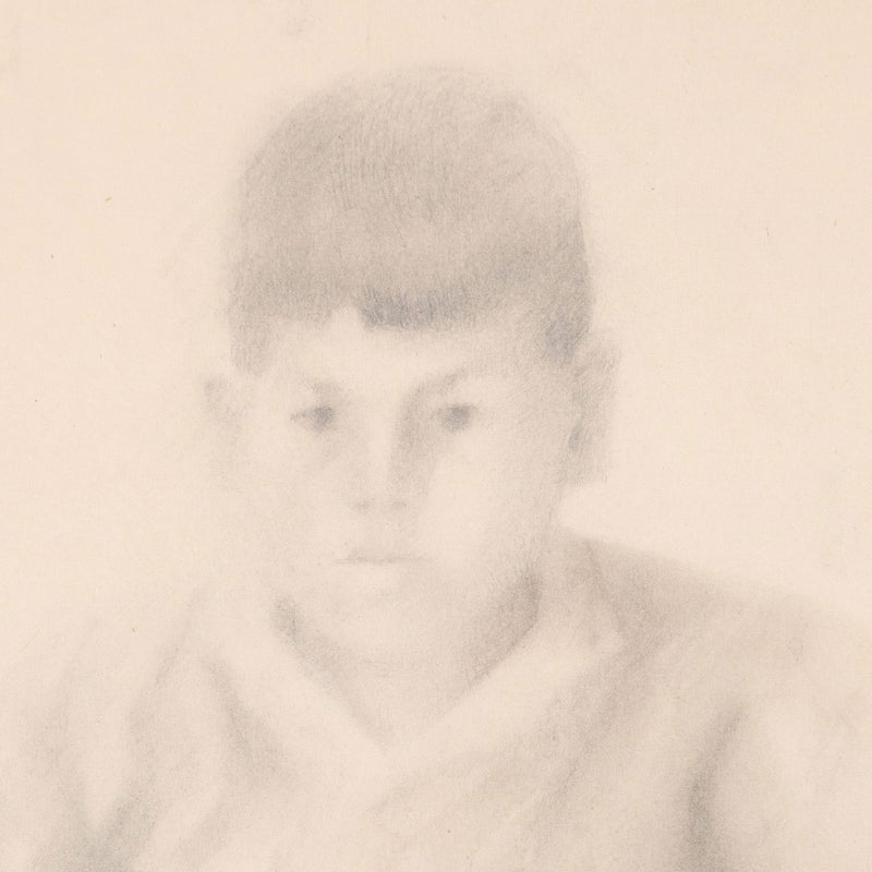Jack Chambers, Canadian Art, "Study of a Young Boy in Sweater"   Spain, 1958  Graphite on paper  Signed and dated by artist  19"H 11.5"W (work)  26.75"H 18.25"W (framed)  Very good condition.